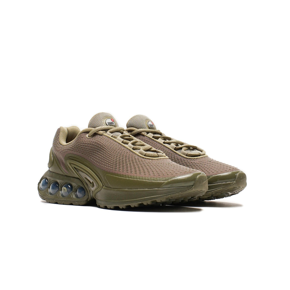 Nike Air Max DN running shoes, olive/tan uppers with lace-up front and air pods
