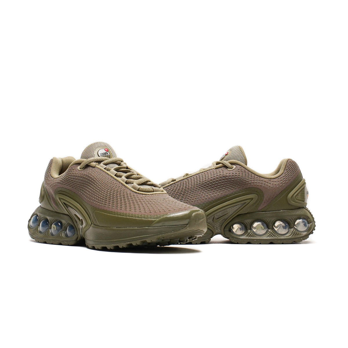 Nike Air Max DN running shoes, olive/tan mesh with dual lacing and side Swoosh