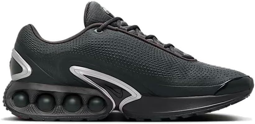 Nike Air Max DN men's side view dark ash sneaker with sculpted cage and air pods