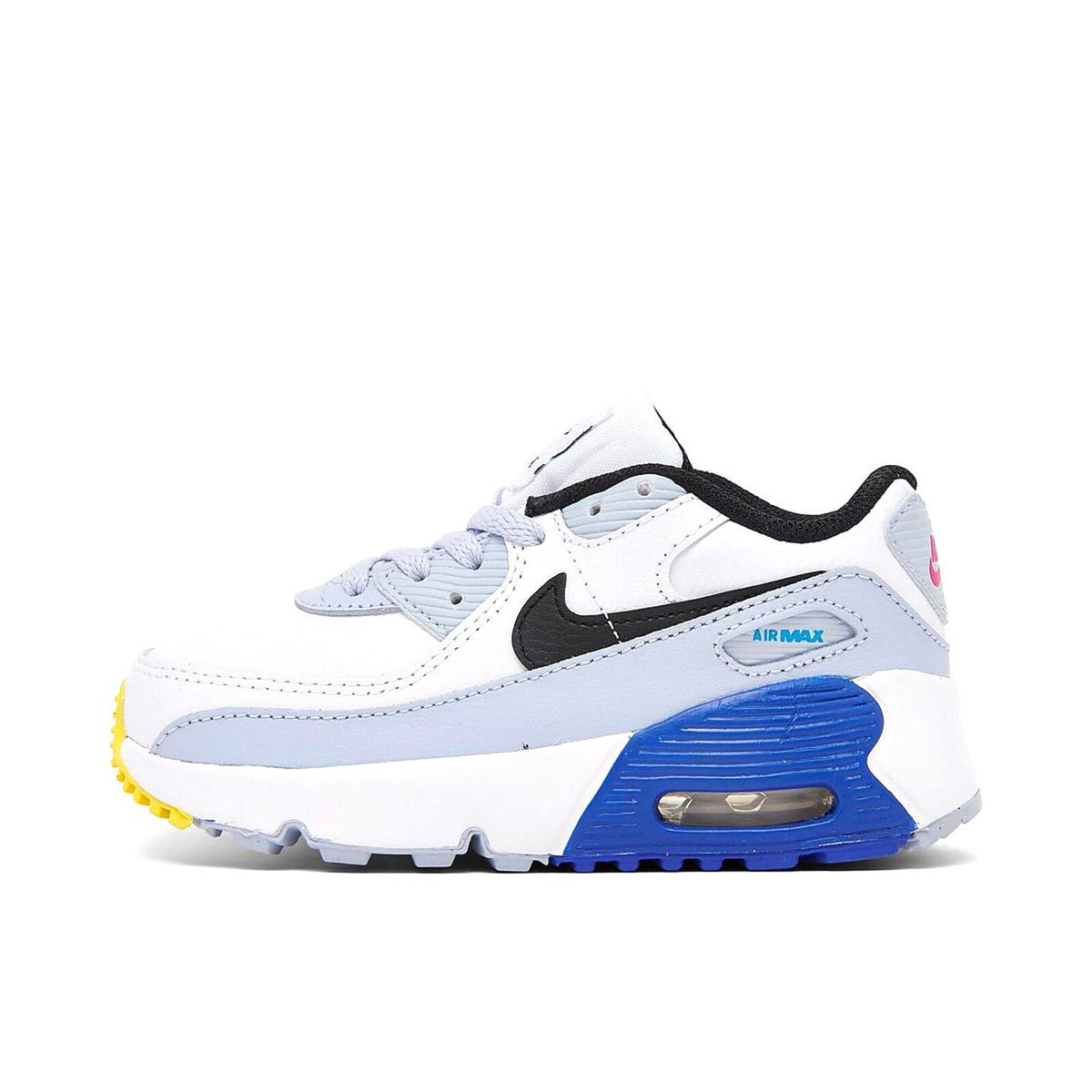 Toddler Nike Air Max 90 sneakers, white with black swoosh, light blue panels, blue sole