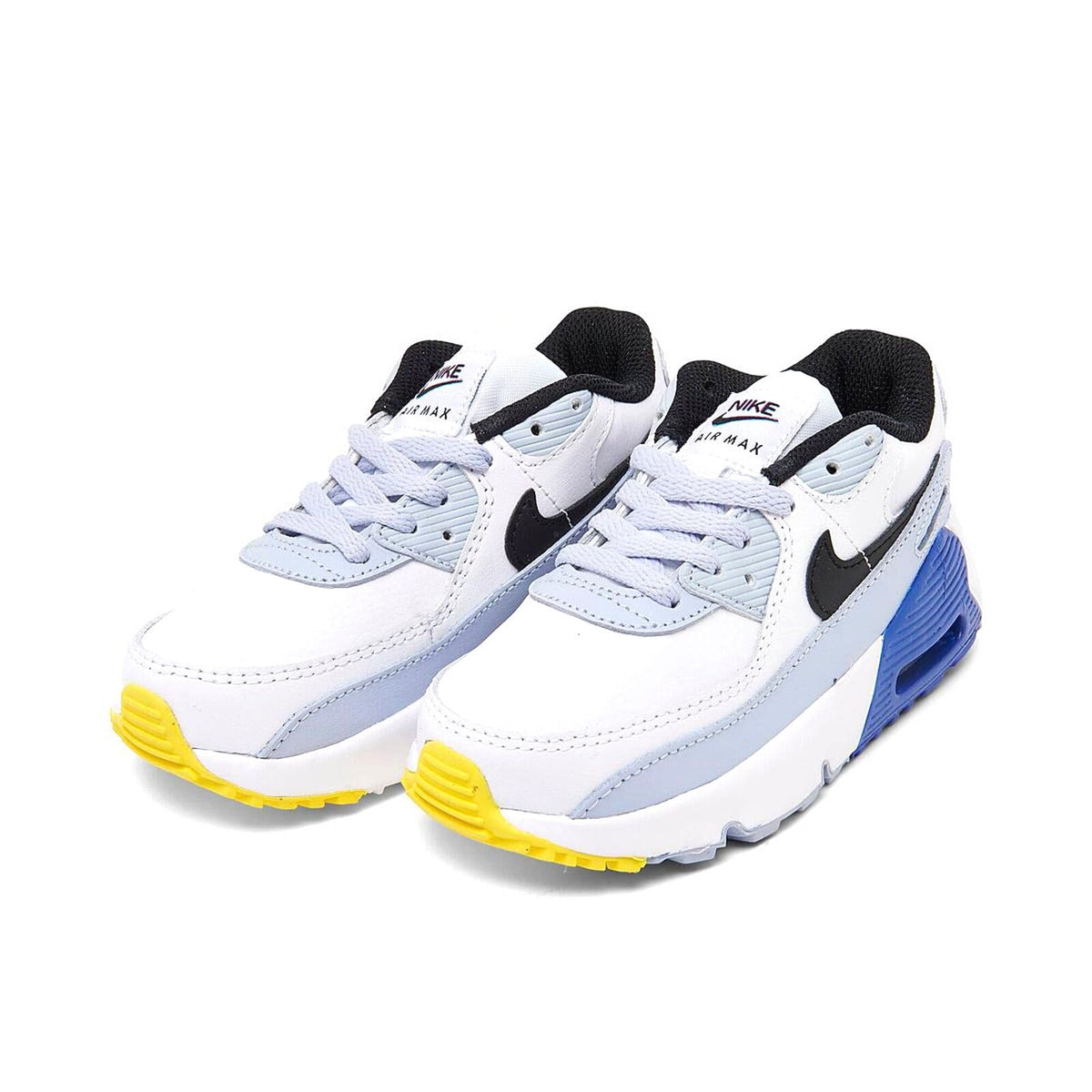 Toddler Nike Air Max 90 sneakers pair, white with black heel, blue midsole, yellow outsole