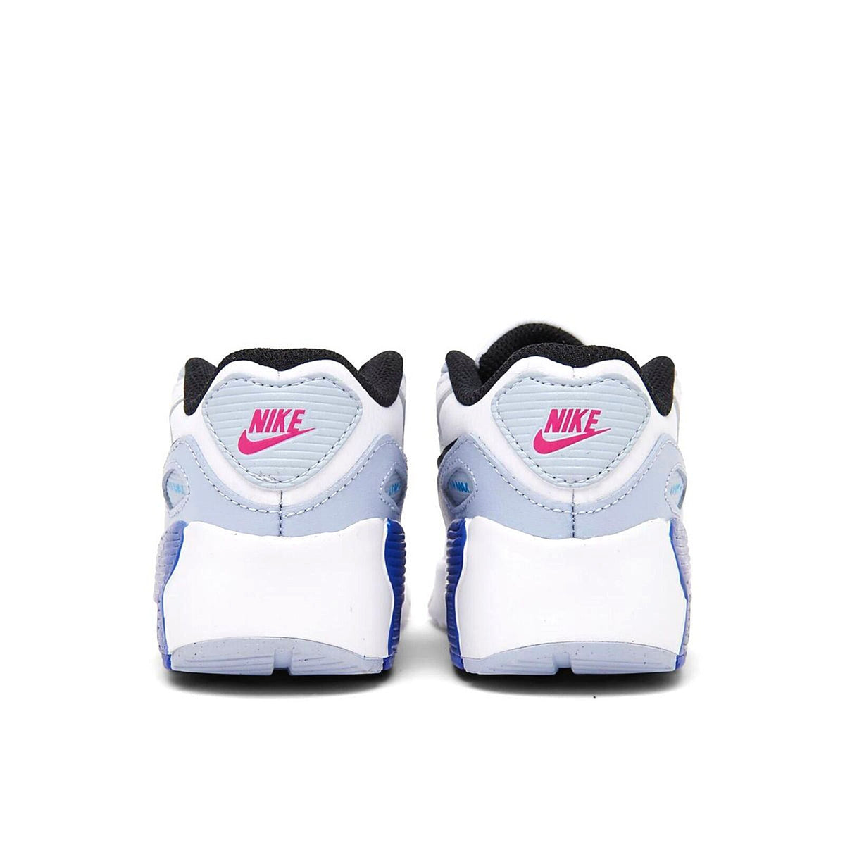 Toddler Nike Air Max 90 sneakers, rear view with black heel tabs and pink Nike badge