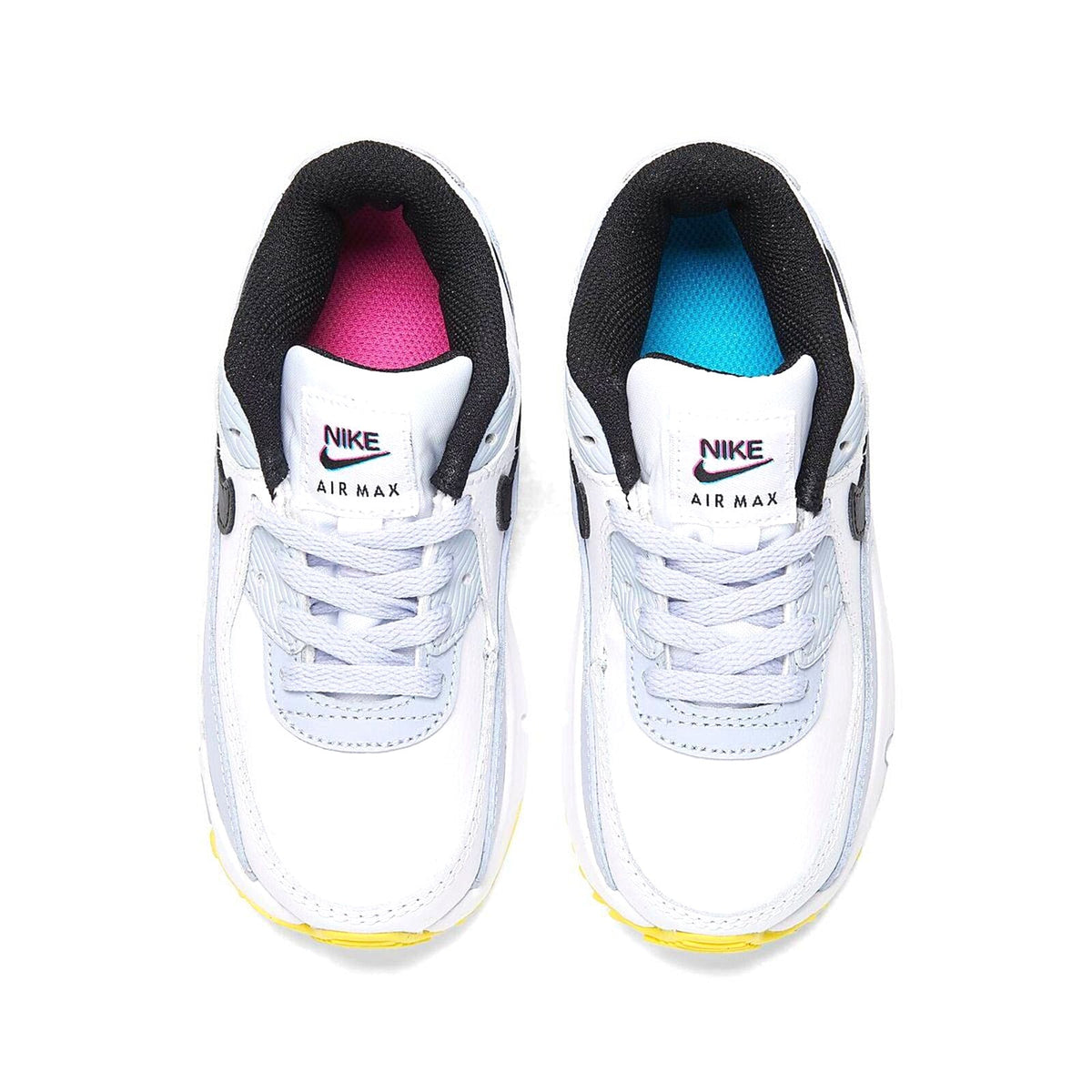 Toddler Nike Air Max 90 sneakers, white uppers with Nike Air Max on tongue and colorful lining