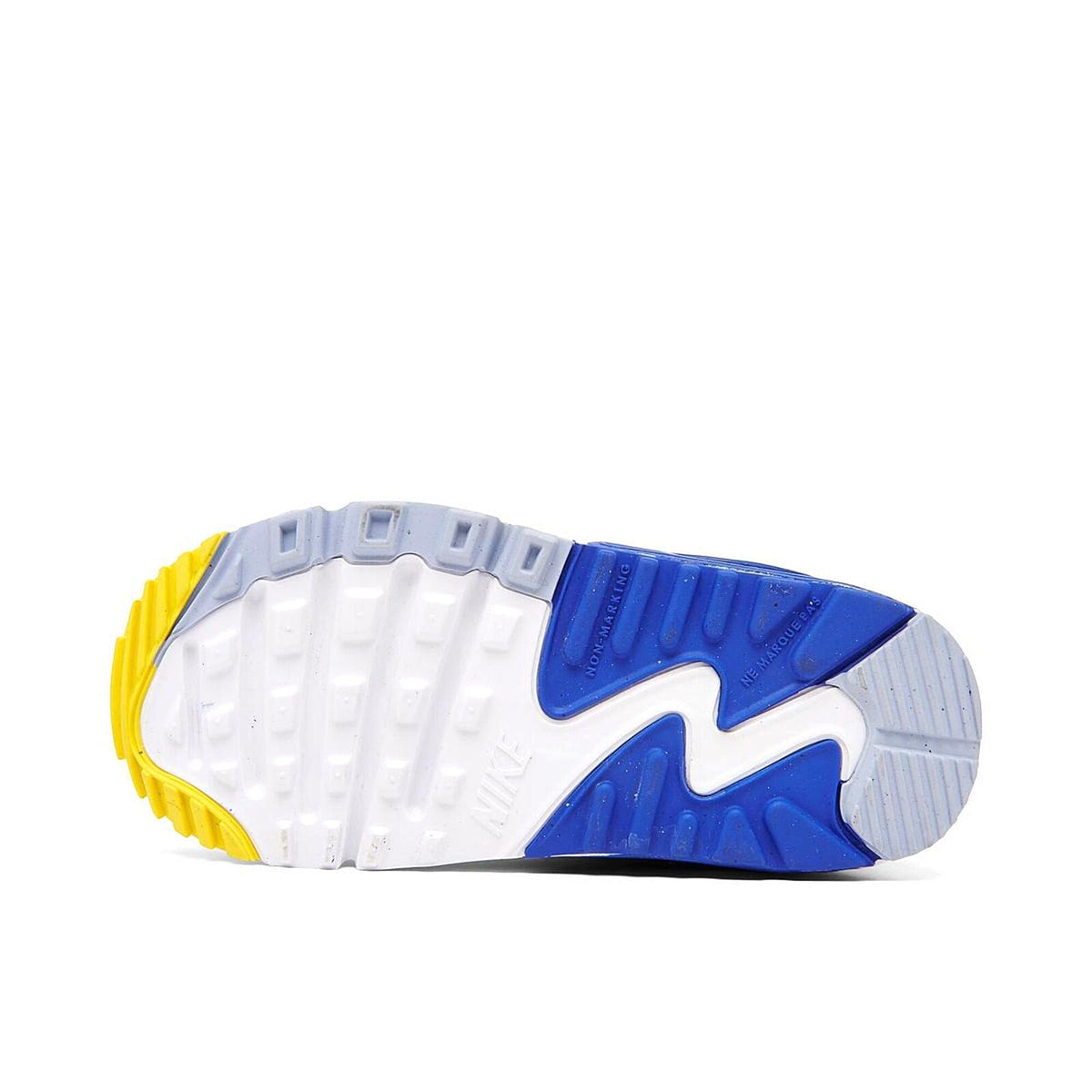Nike Air Max 90 outsole, white and blue traction with yellow edge and tread