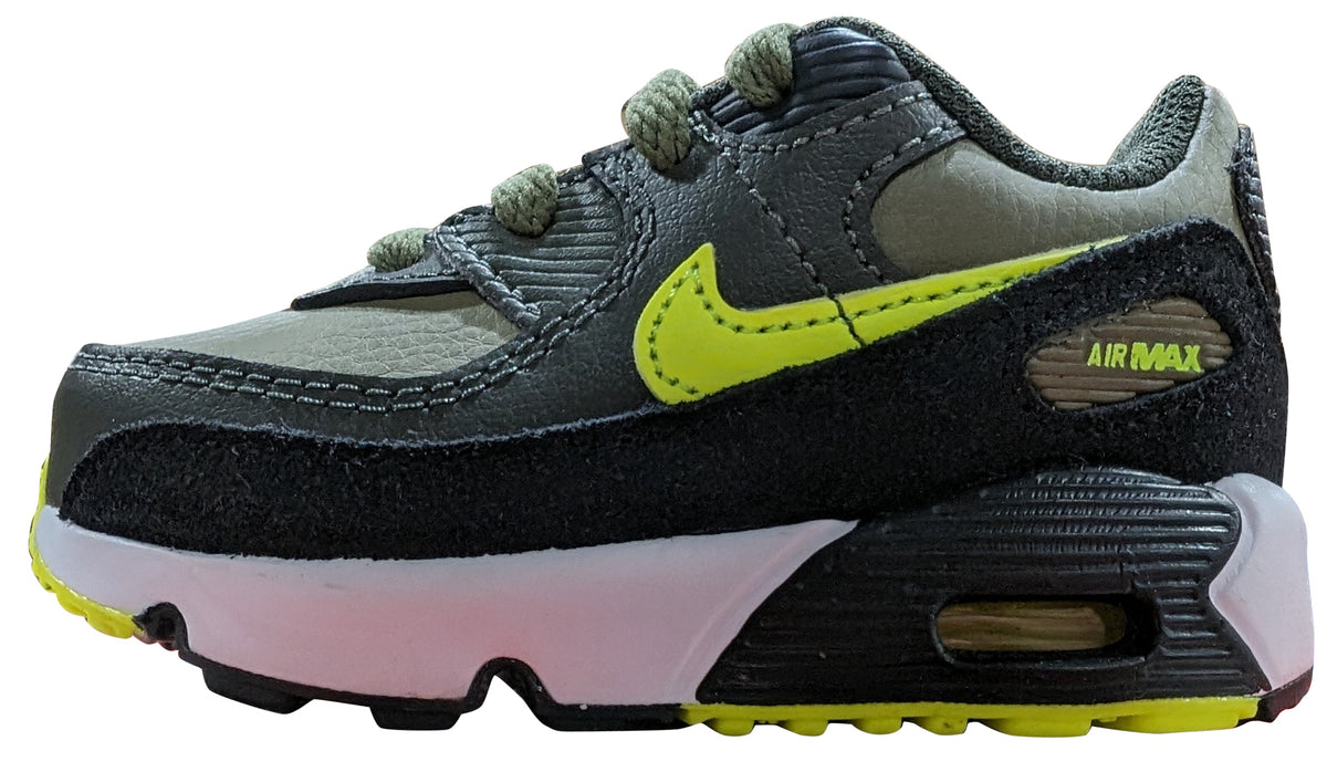 Kids Nike Air Max 90 LTR sneakers in dark olive with volt yellow and black mesh
