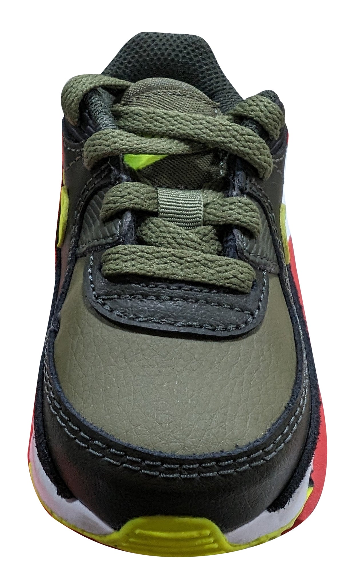 Kids Nike Air Max 90 LTR sneakers, olive leather straps with black panels and volt trim