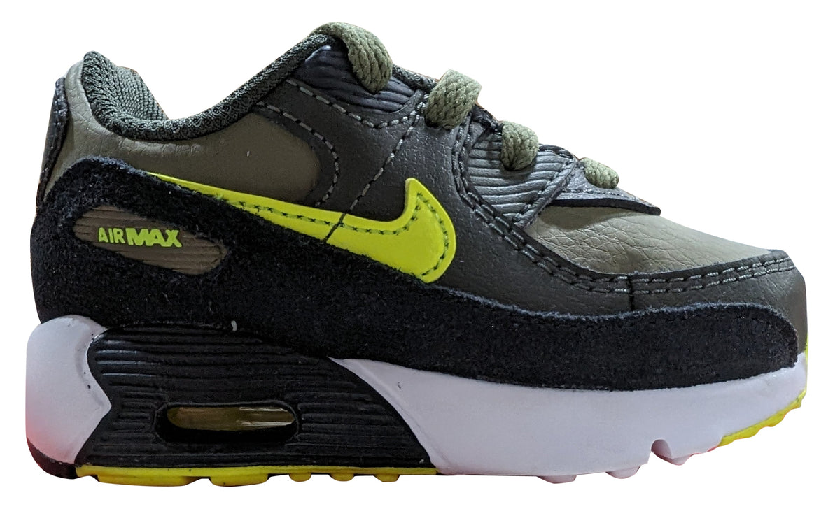 Kids Nike Air Max 90 LTR sneakers, black and dark olive with volt swoosh and Air Max window