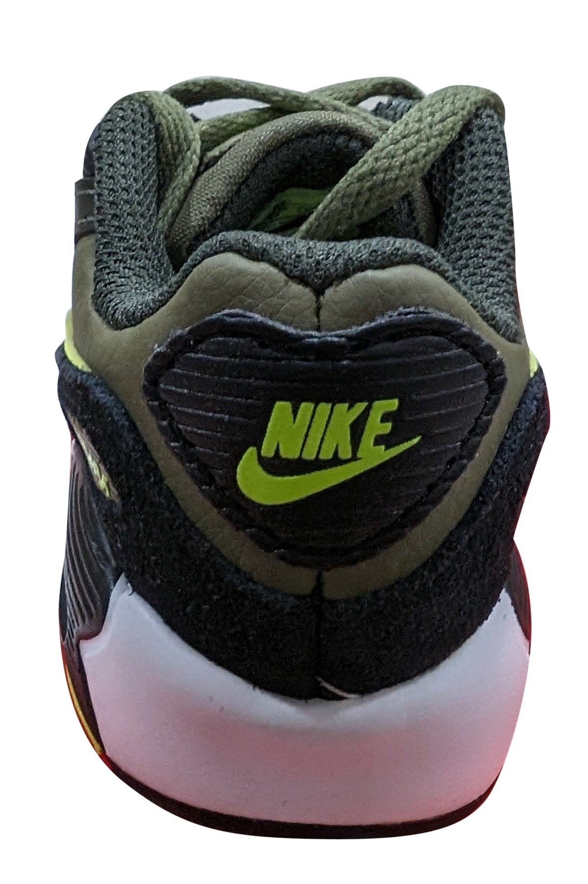 Kids Nike Air Max 90 LTR sneakers with Nike heel logo, olive and black and volt accents