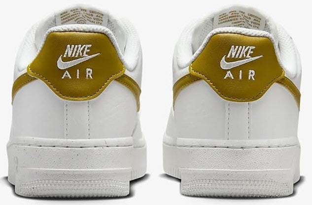 Nike Air Force 1 heel view in white with gold Nike Air tongue branding
