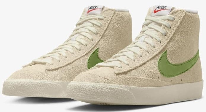 Women’s mid-top Nike sneakers, beige suede with green Swoosh and white lace-up