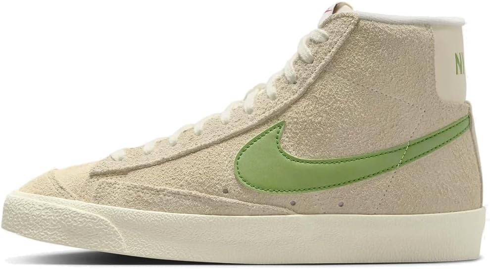 Women’s mid-top Nike sneakers, beige suede with green Swoosh and lace-up design