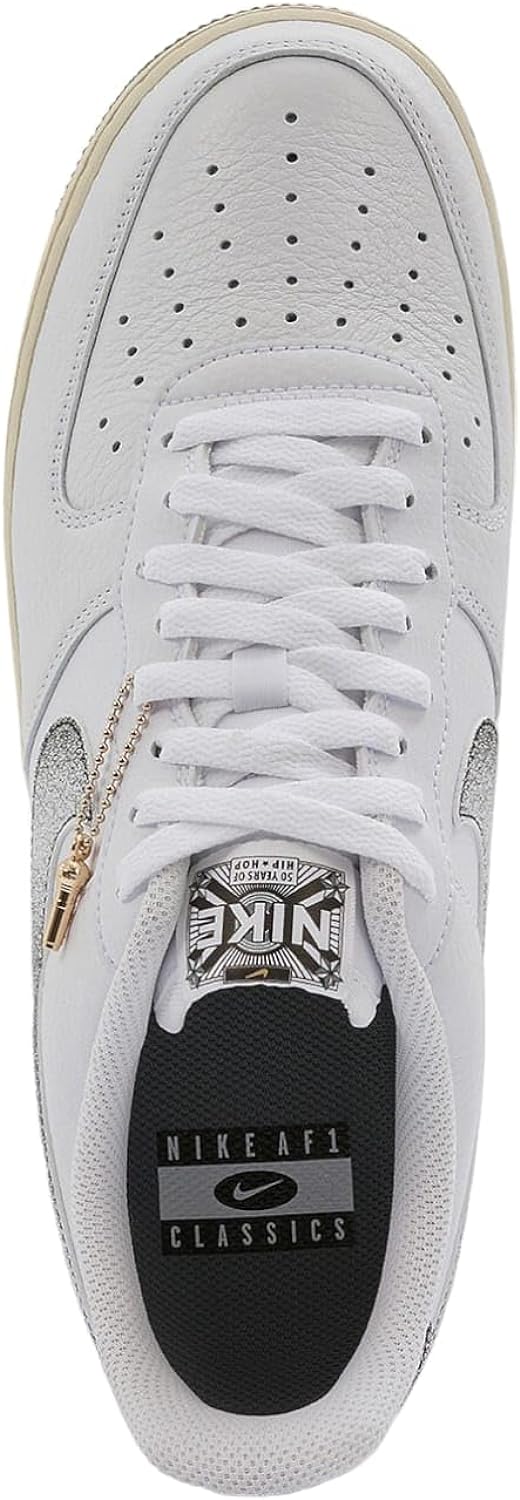 Nike Air Force 1 sneaker toe view, white leather with white laces and gray trim