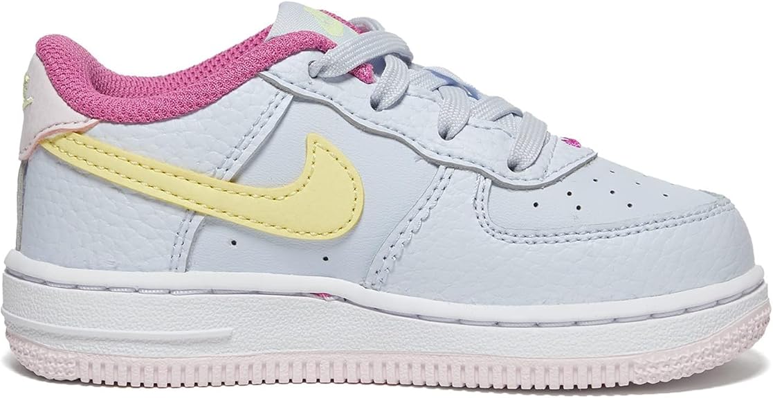 Toddler low-top sneakers, light grey leather with pink lining and yellow side swoosh