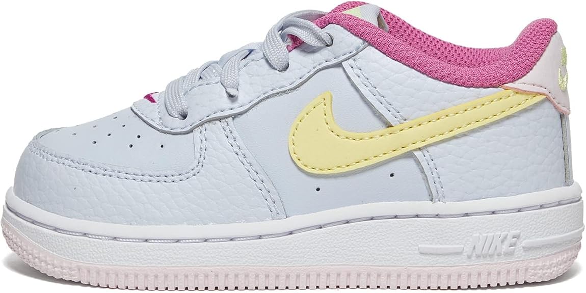 Toddler low-top sneakers in light grey with pink collar and yellow swoosh