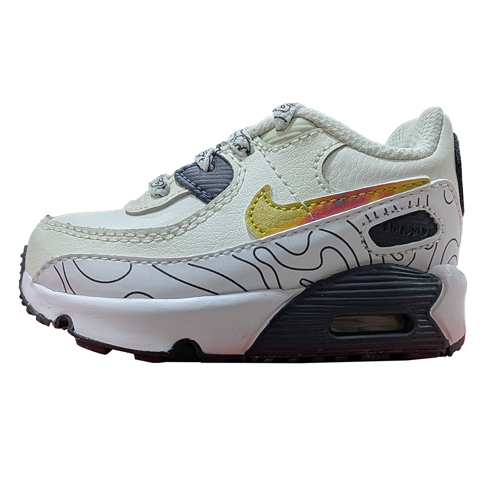 Toddler Nike Air Max 90 sneaker, light cream with multicolor Swoosh and visible air sole