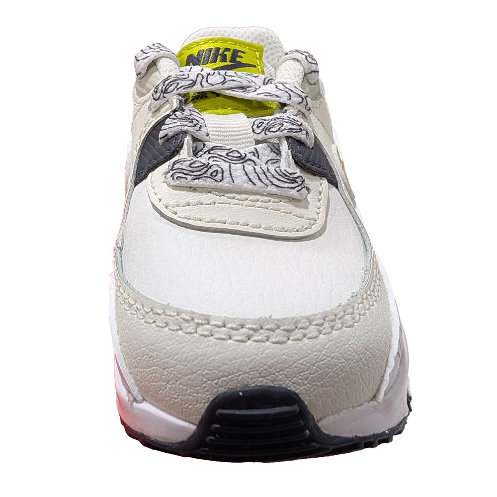 Toddler Nike Air Max 90 sneaker, cream leather upper with neon green logo detail