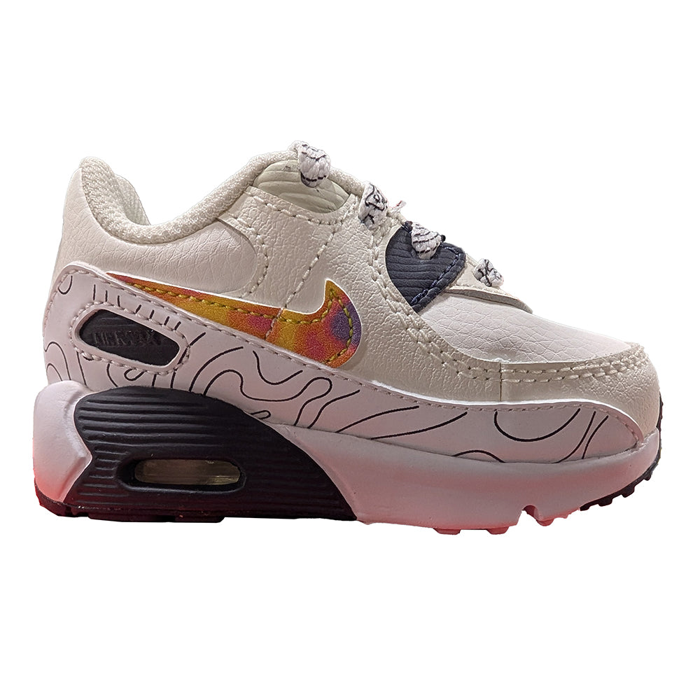 Toddler Nike Air Max 90 sneaker, cream upper with multicolor Swoosh and pink sole accent