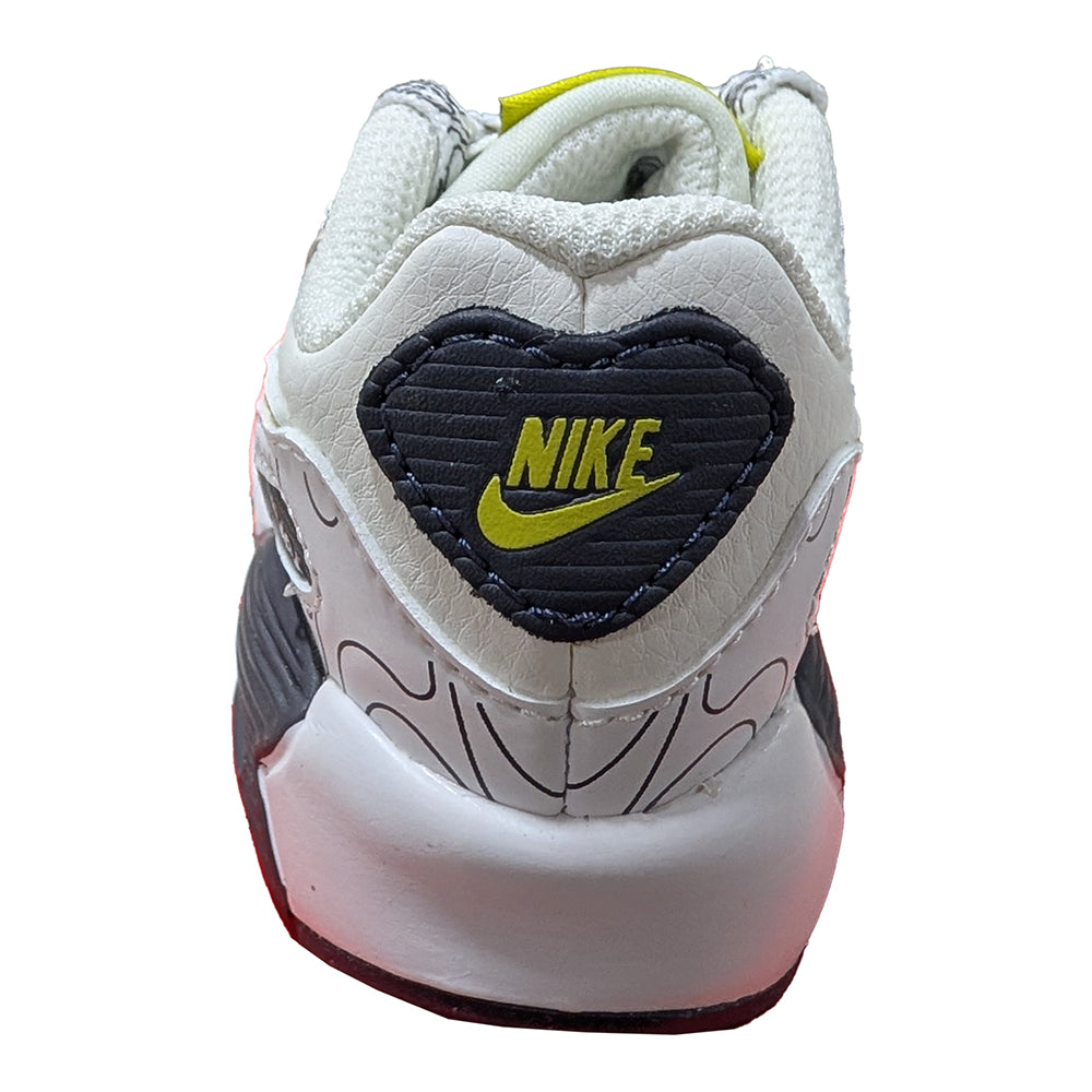 Toddler Nike Air Max 90 sneaker heel, cream with navy heart patch and green Nike branding