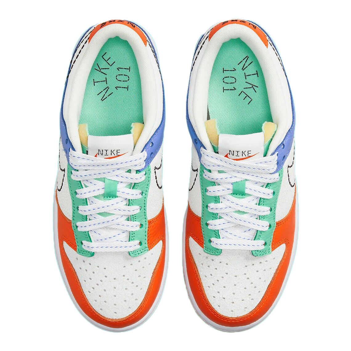 Pair of kids low-top sneakers, white toe box with blue sides, orange accents, green laces
