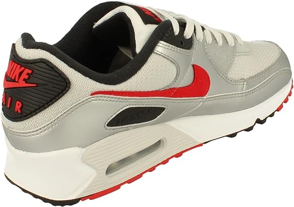 Men's Nike Air Max 90 sneakers, light gray upper with red swoosh and heel logo
