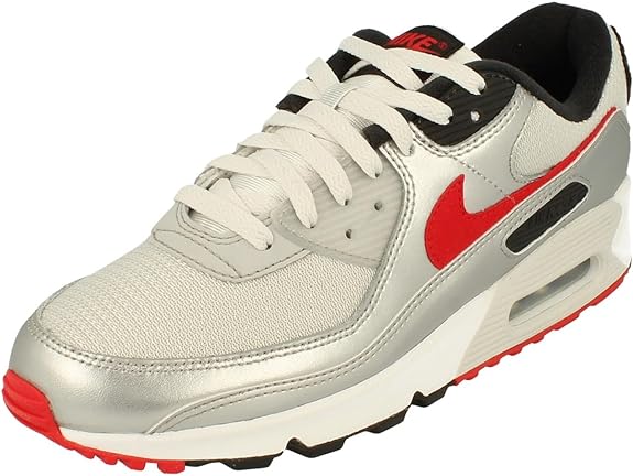 Men's Nike Air Max 90 sneakers, lace-up light gray with red swoosh and air sole