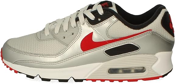 Men's Nike Air Max 90 sneakers, light gray with red swoosh and black collar