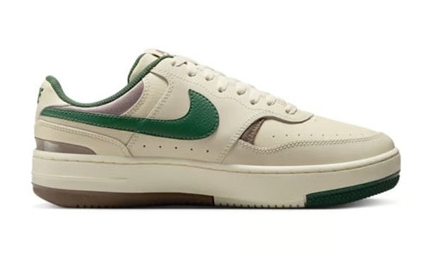Women's Nike low-top sneakers, cream leather with green swoosh and tan-brown sole
