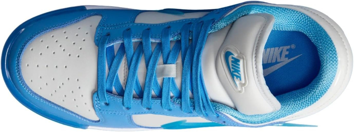 Nike Dunk Low lace-up upper close-up with blue laces and white swoosh