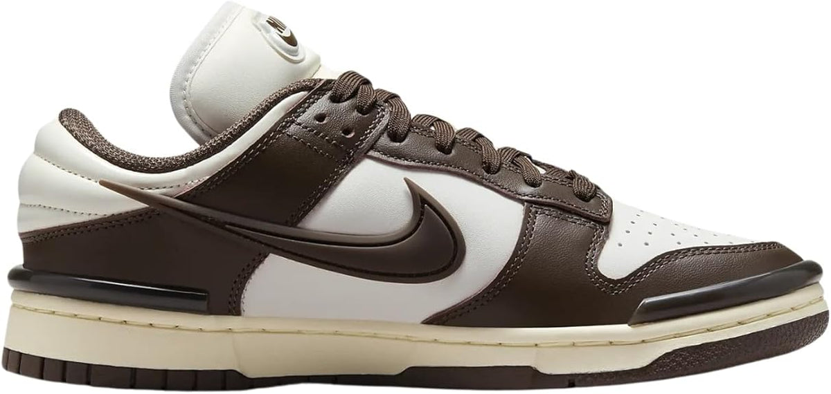 Women's Nike Dunk Low Twist sneakers, white and dark brown colorblock with swoosh