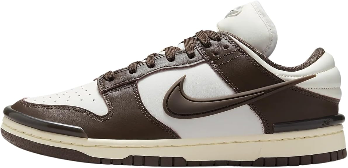 Women's Nike Dunk Low Twist sneakers, white leather with dark brown accents and laces