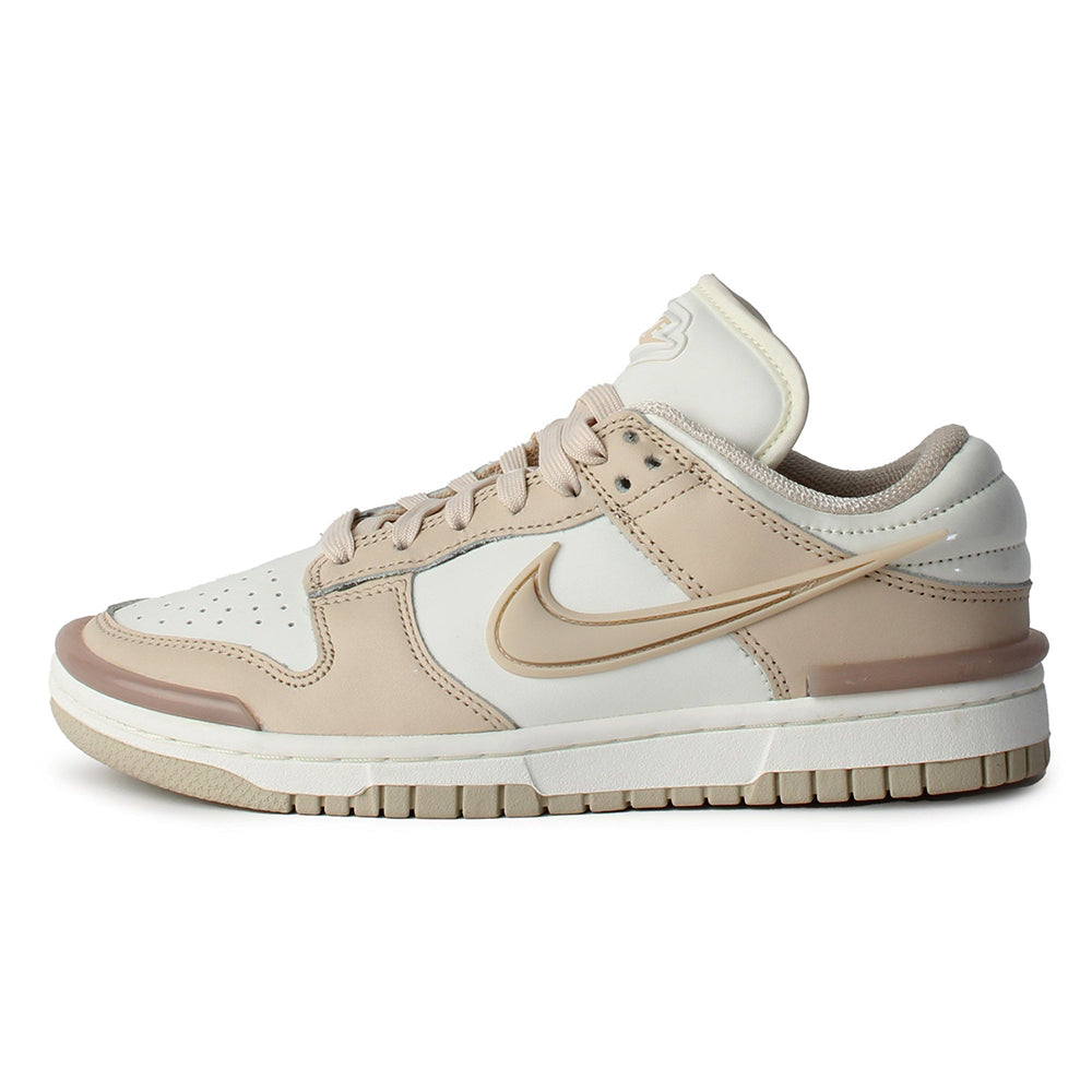 Women’s low-top sneakers, sail and sand leather with gold Swoosh and lace-up front