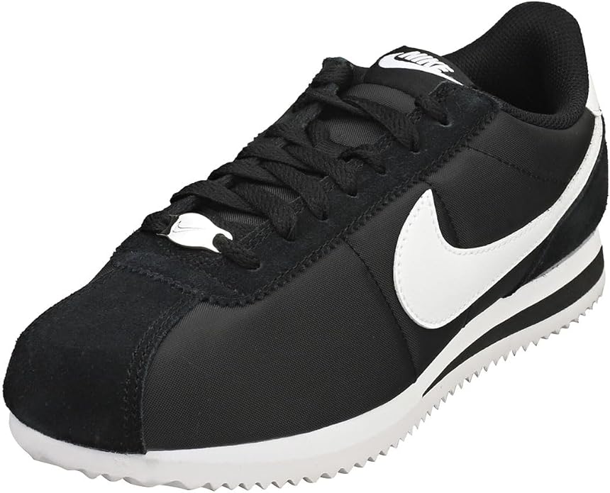 Women's Nike Cortez front view sneakers, black upper with white swoosh and textured sole