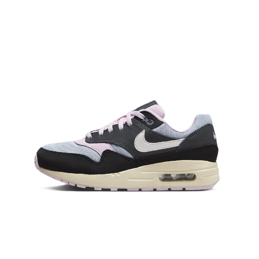 Kids' Nike Air Max 1 sneakers, black with gray and light pink accents.