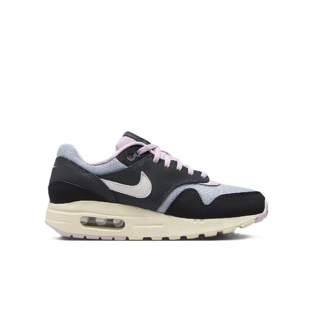 Kids' Nike Air Max 1 sneakers, side view with white swoosh and pink laces.