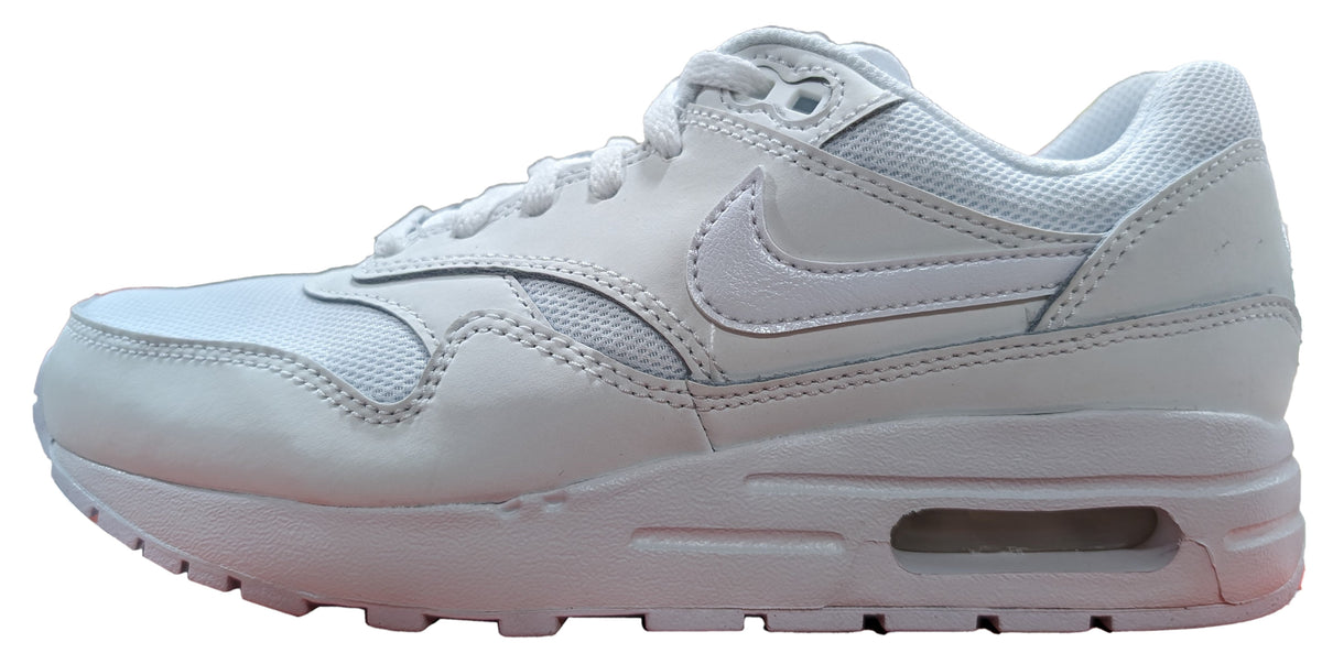 Kids' Nike Air Max 1 sneakers in white leather, lace-up front and visible air unit