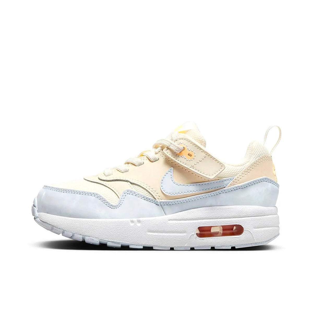 Kids Nike Air Max 1 EasyOn sneakers in pale ivory with light blue panels and lace strap