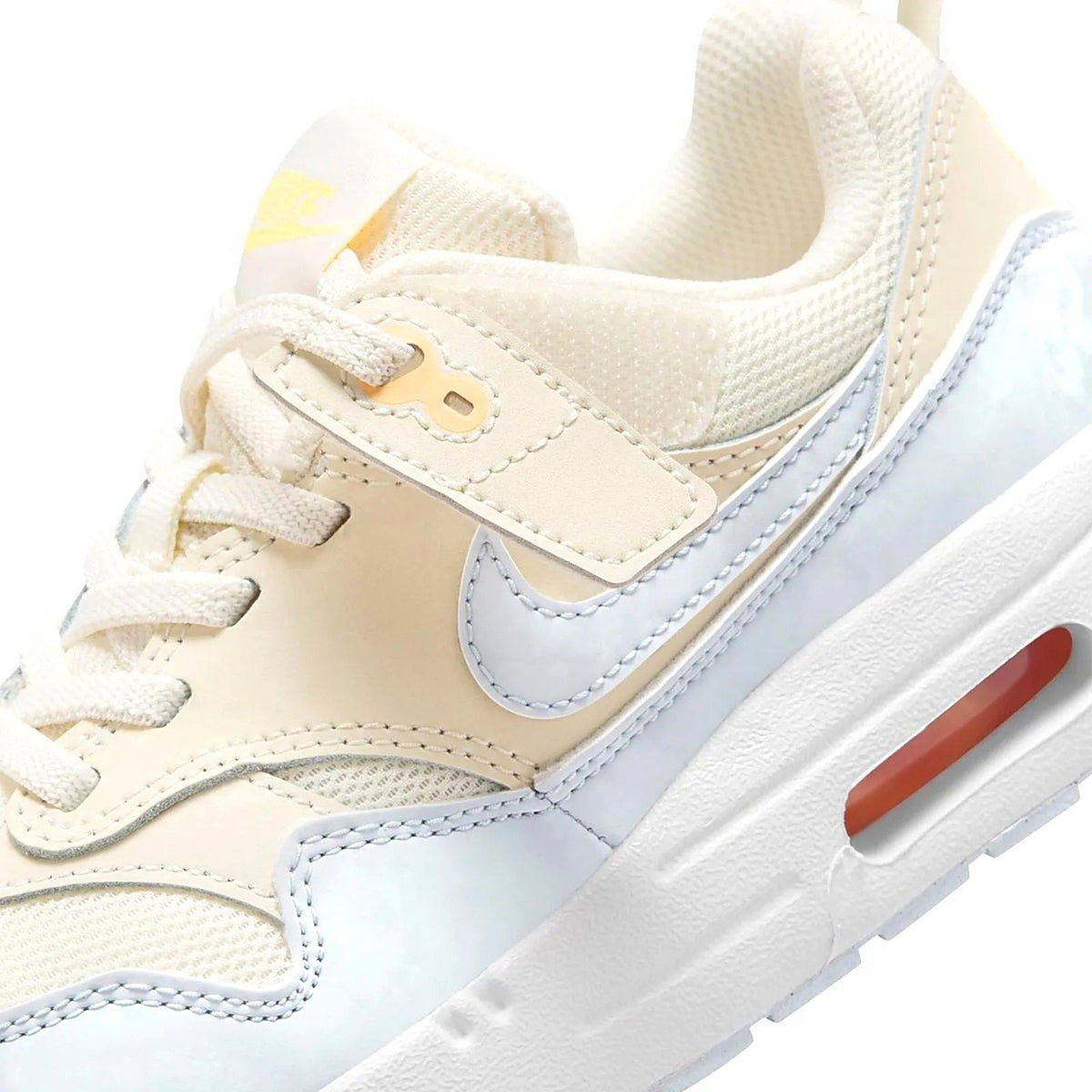 Kids Nike Air Max 1 EasyOn sneaker detail, pale ivory mesh and light blue swoosh