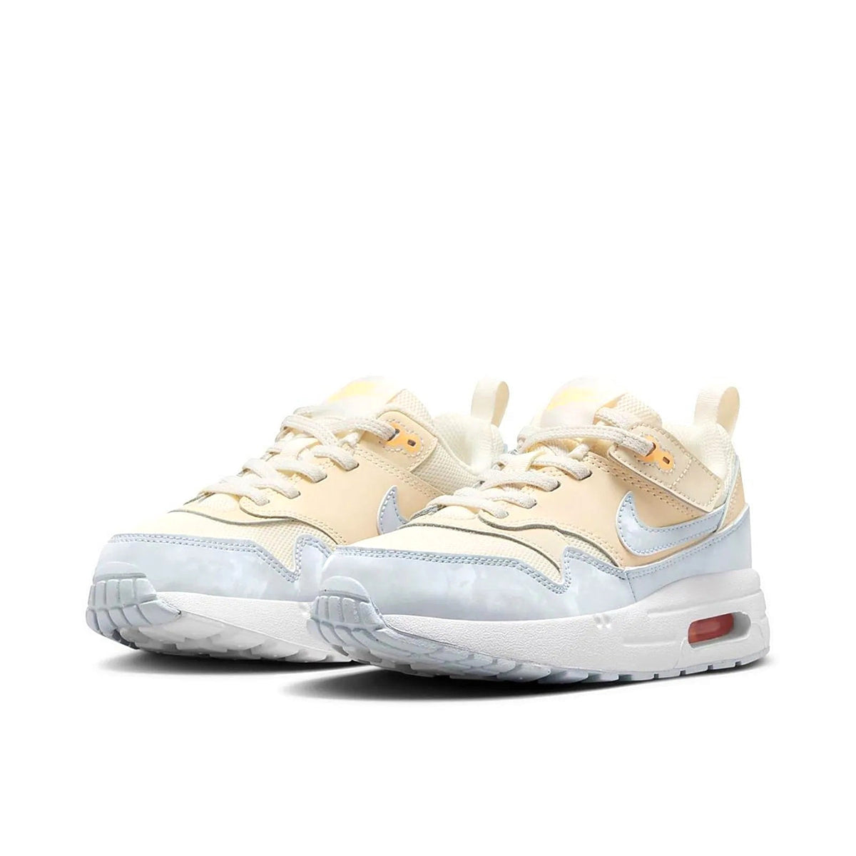 Kids Nike Air Max 1 EasyOn sneakers, two-tone pale ivory and light blue, with pull tab