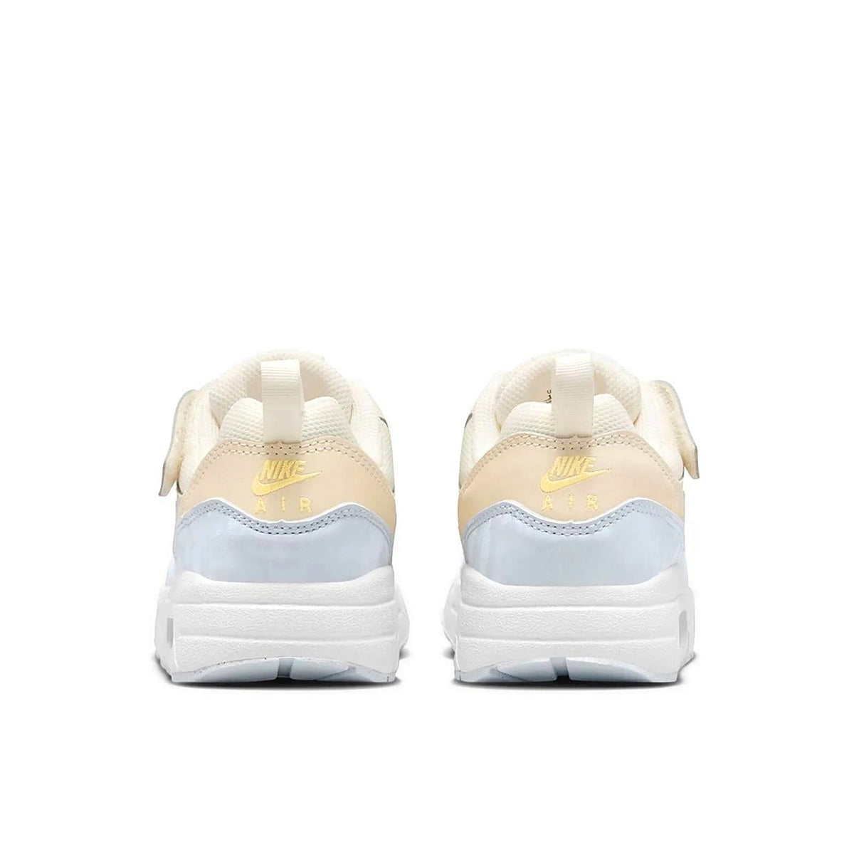 Kids Nike Air Max 1 EasyOn back view, pale ivory uppers with light blue ankle panels