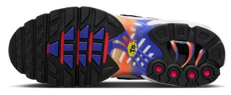 Nike Air Max Plus outsole, black tread with blue-and-purple heel design detail.