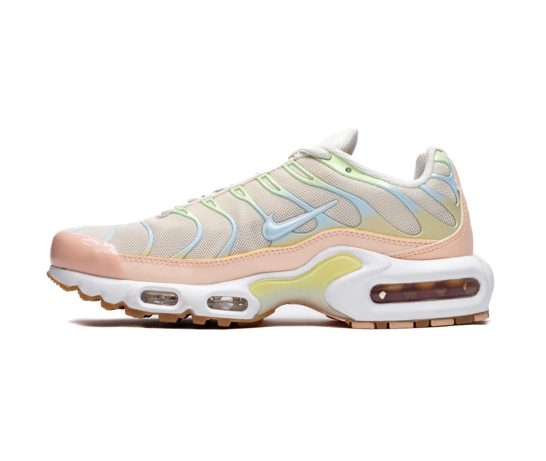 Nike Air Max Plus sneakers, light pink upper with blue and mint panels, white midsoles
