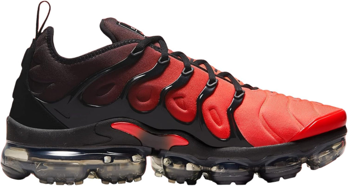 Men's Nike Air Vapormax Plus sneakers, side profile in black and bright crimson, lace-up