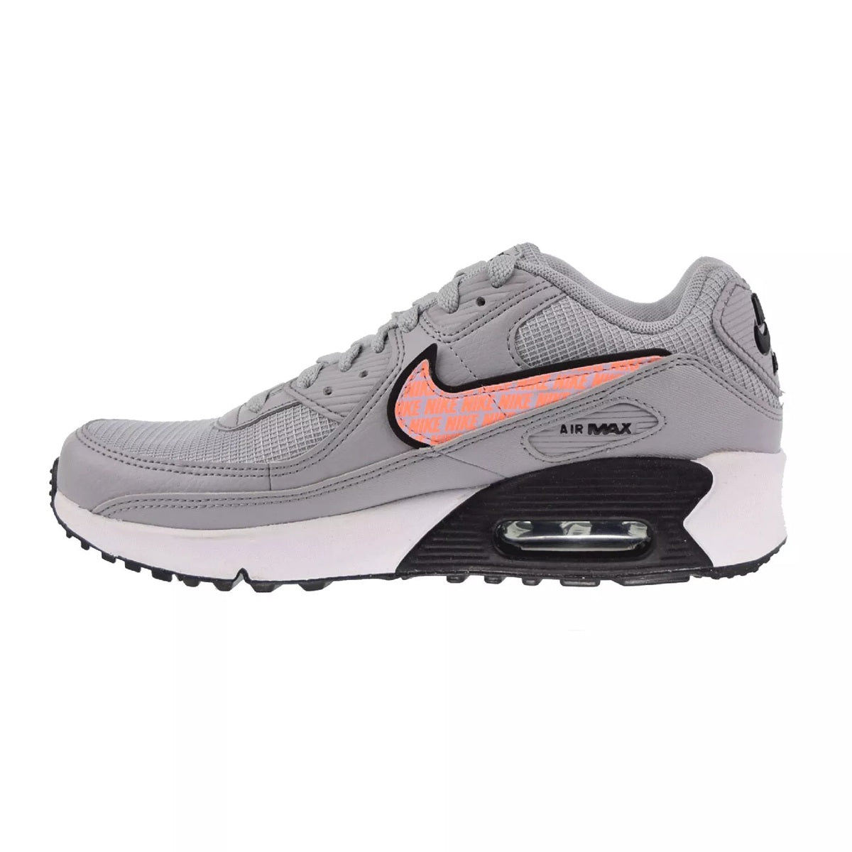 Kids' Nike Air Max 90 side view, gray upper with orange logo and black Air sole