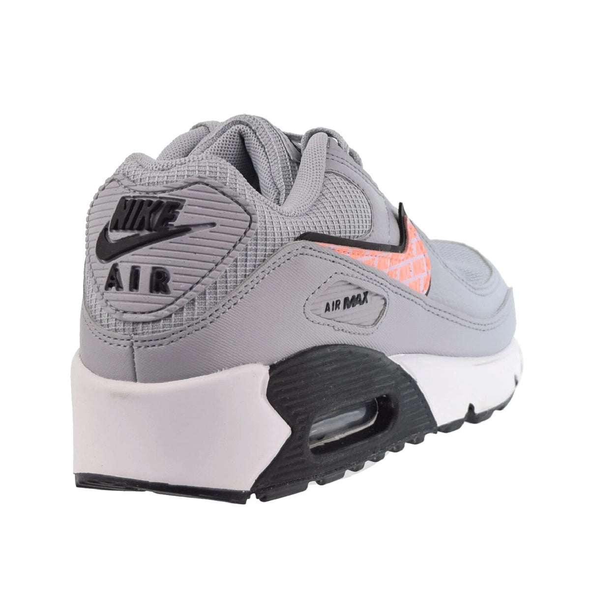 Kids' Nike Air Max 90 heel view, gray textured panels with Air window and black sole