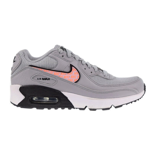 Kids' Nike Air Max 90 sneakers, gray mesh with orange swoosh and visible Air window