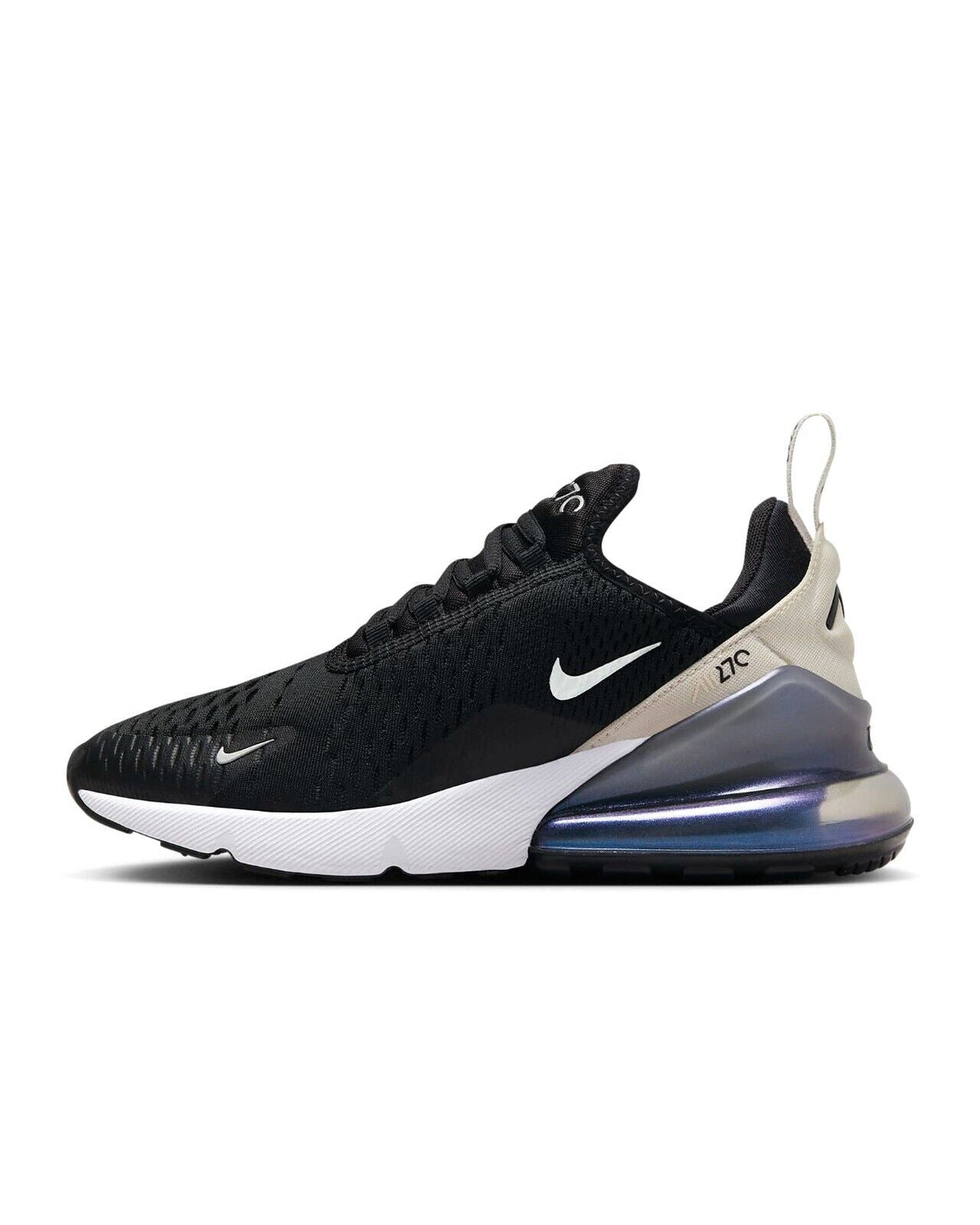 Nike Air Max 270 sneakers in black with metallic silver/phantom accents and visible air unit