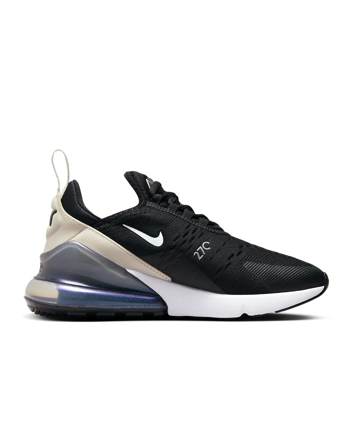 Nike Air Max 270 sneakers with black knit upper, phantom side panels, and blue air sole