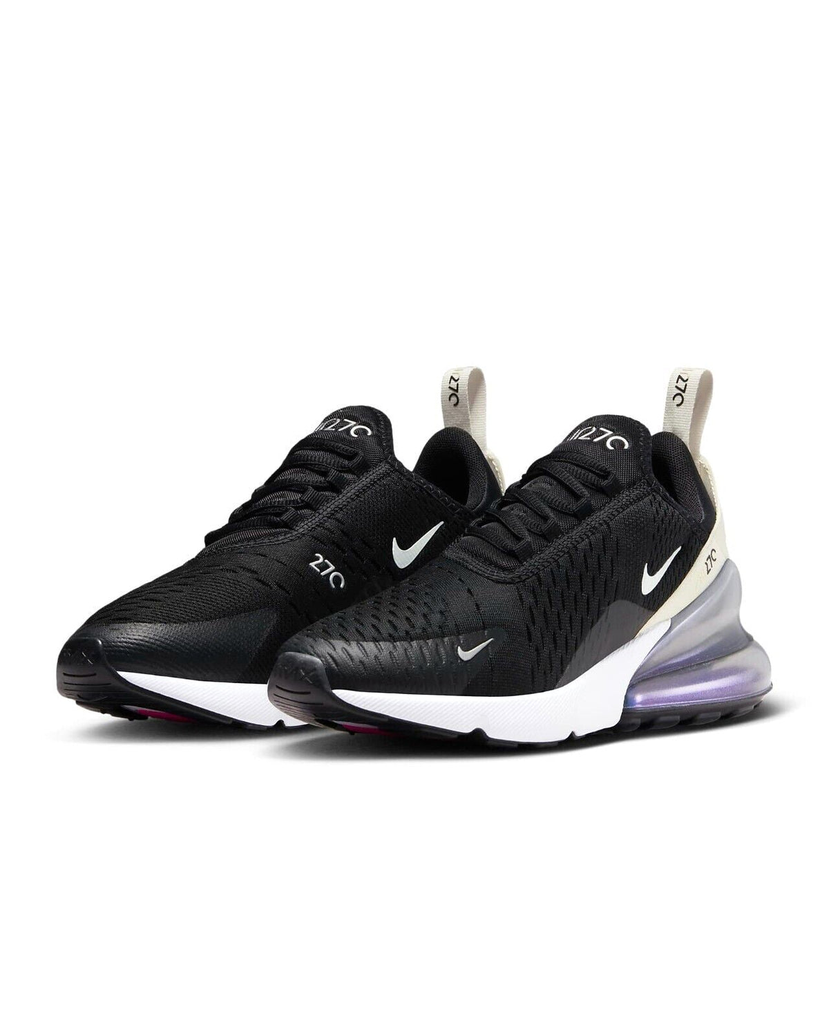 Nike Air Max 270 sneakers pair view in black with white midsole and silver air pod