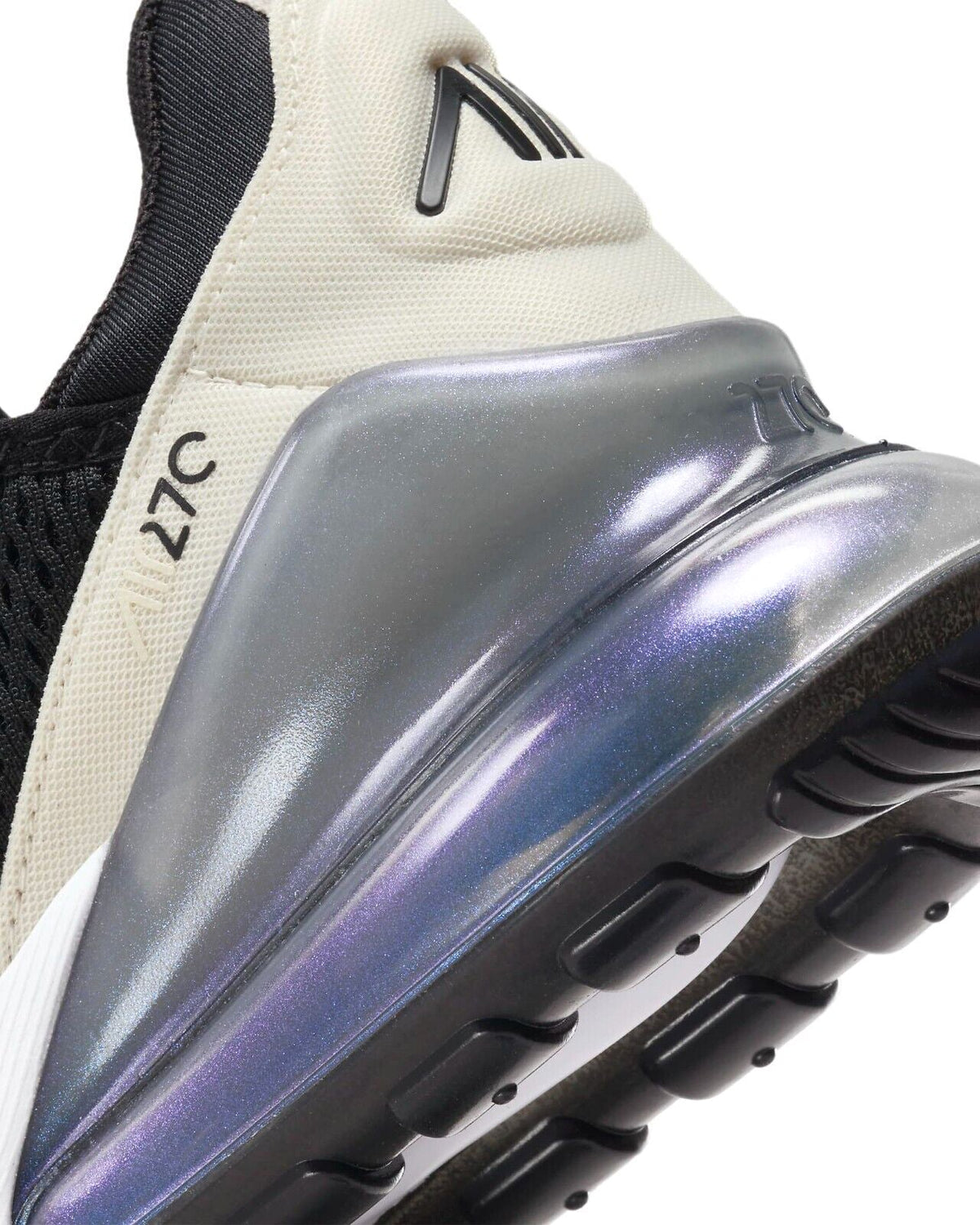 Nike Air Max 270 heel close-up with phantom collar and metallic silver air unit