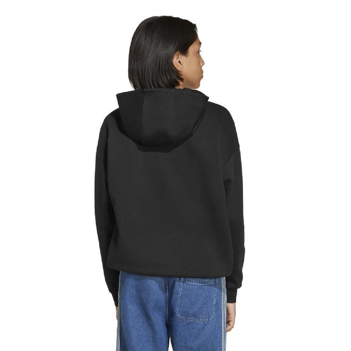 Black junior hoodie sweatshirt back view with hood and ribbed cuffs.